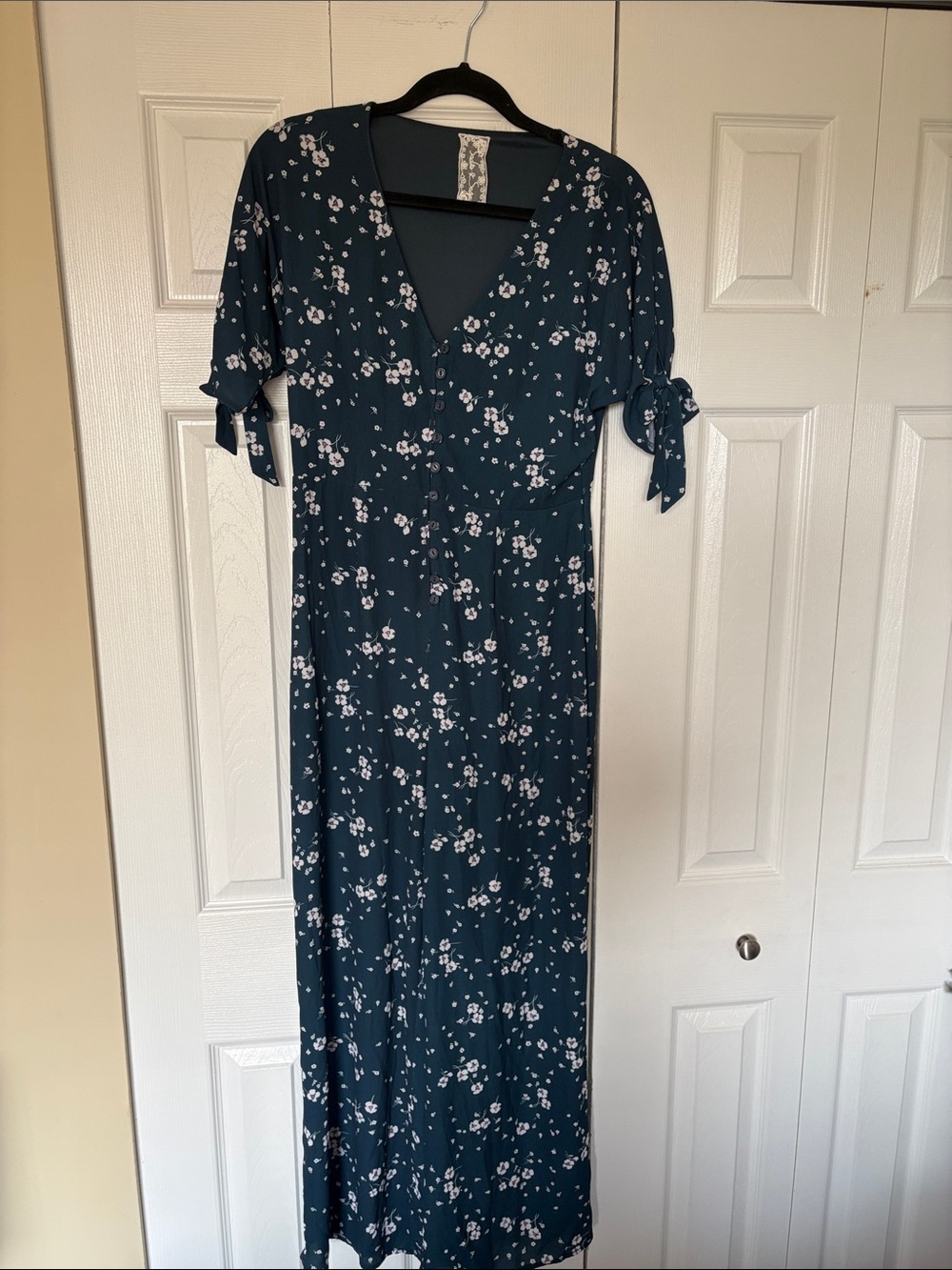 Sadie & Sage Teal Blue Floral Maxi Jumpsuit with Tie Sleeves
